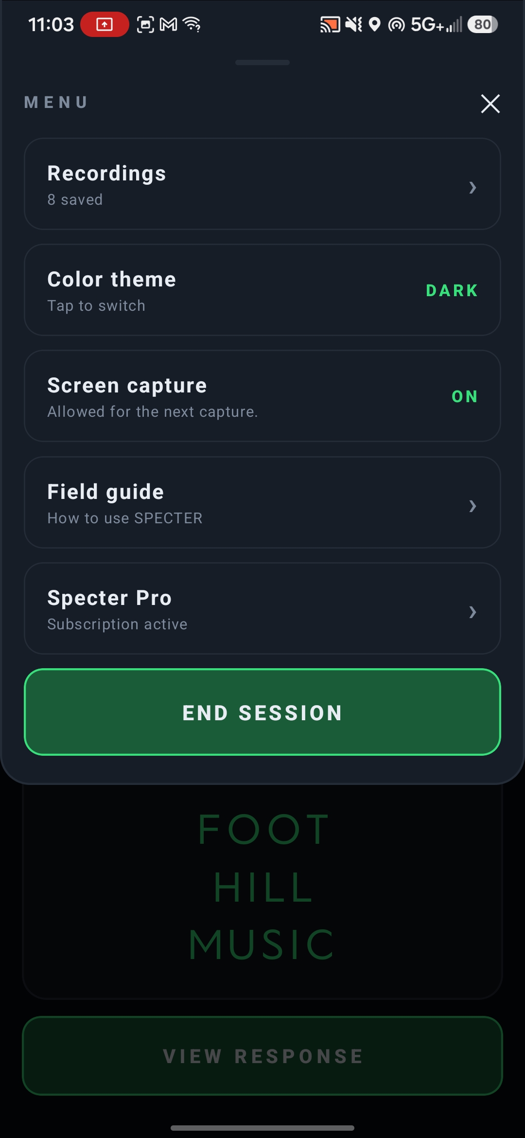 The Specter session menu, listing saved recordings, colour theme, screen capture, field guide and Specter Pro, above an End session button